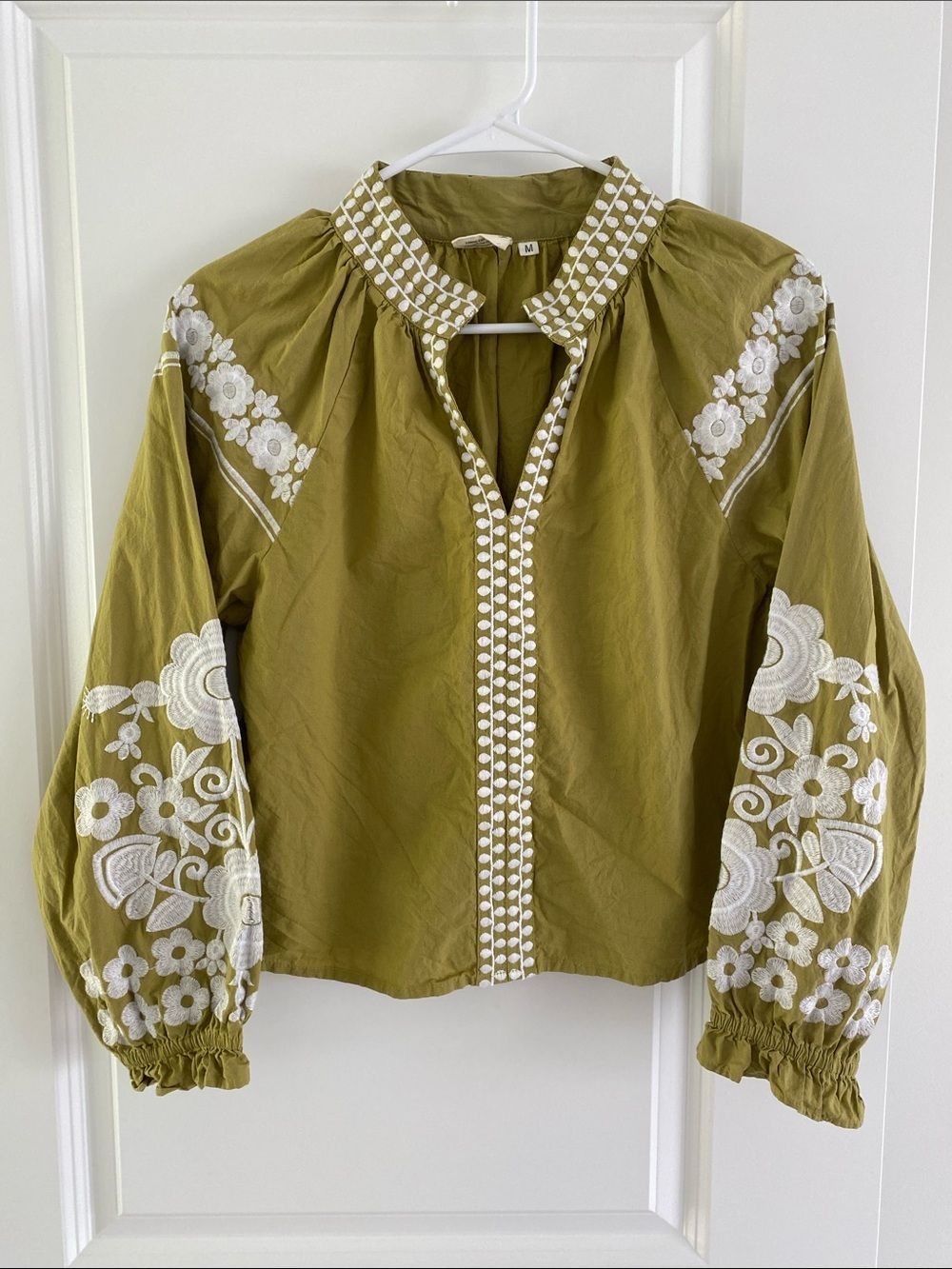 Olive Green Embroidered Peasant Blouse - Brand: